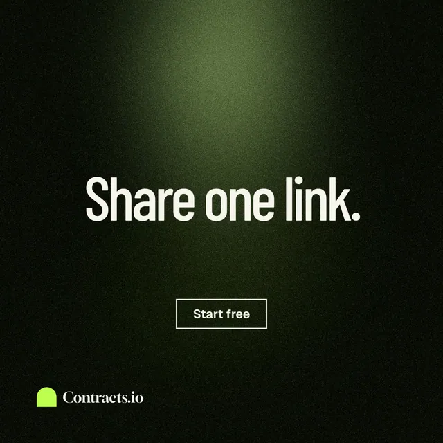 Instagram post for contracts.io: "Share one link." Dark deco style, centred layout, dark palette in black, green.