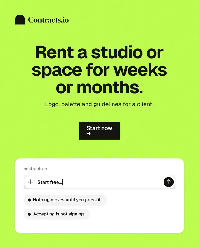 Instagram portrait post for contracts.io: "Rent a studio or space for weeks or months." Swiss style, centred layout, light palette in green, white.