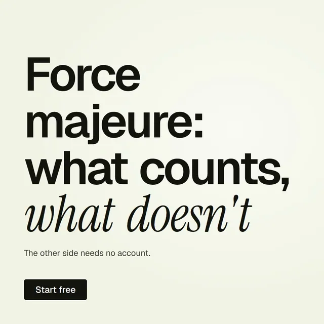 Video for contracts.io: "Force majeure: what counts, what doesn't". Doc motion loop, 8.0 s, light palette.