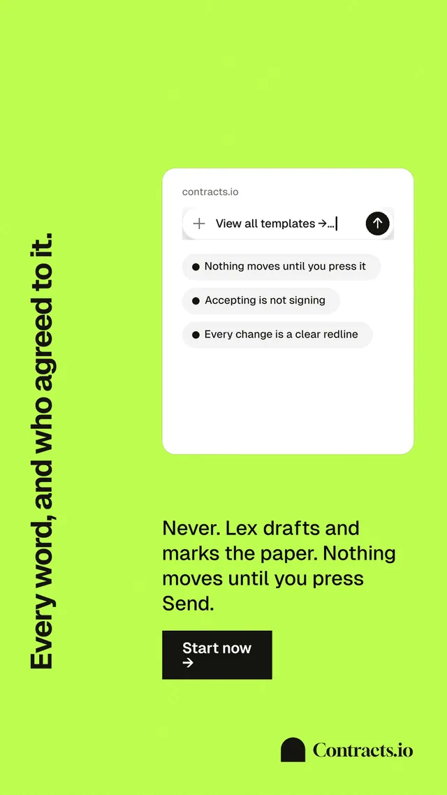 Instagram story for contracts.io: "Every word, and who agreed to it." Swiss style, vertical layout, light palette in green, white.