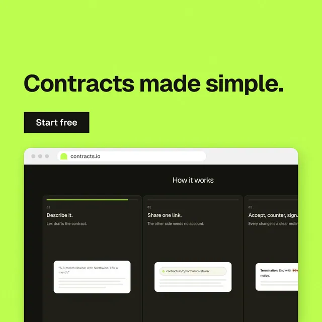 Instagram post for contracts.io: "Contracts made simple." Swiss style, browser layout, light palette in green, black.