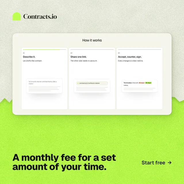 Instagram post for contracts.io: "A monthly fee for a set amount of your time." Paper trio style, image led layout, light palette in green, white, yellow.