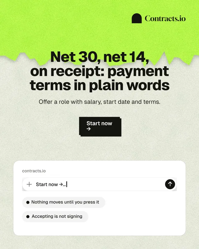 Instagram portrait post for contracts.io: "Net 30, net 14, on receipt: payment terms in plain words". Paper trio style, centred layout, light palette in yellow, green, white.