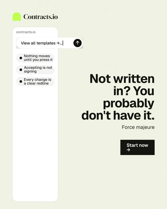 Instagram portrait post for contracts.io: "Not written in? You probably don't have it." Swiss style, right layout, light palette in white, grey.
