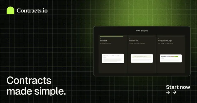Social ad for contracts.io: "Contracts made simple." Phosphor atlas style, image led layout, dark palette in black, green.