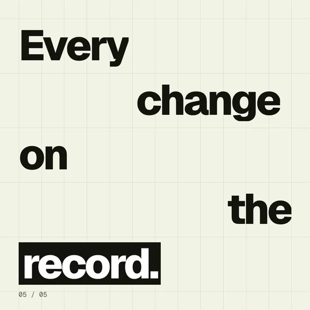 Video for contracts.io: "Every change on the record.". Kinetic type grid, 6.0 s, light palette.