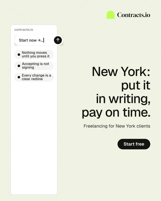 Instagram portrait post for contracts.io: "New York: put it in writing, pay on time." Data card style, right layout, light palette in white.