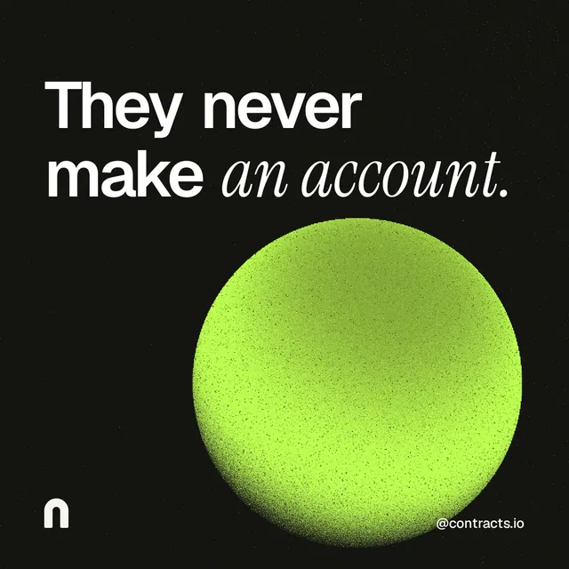 Instagram post for contracts.io: "They never make an account." Auto 1x1 style, technique:shader field layout, dark palette in black, green.