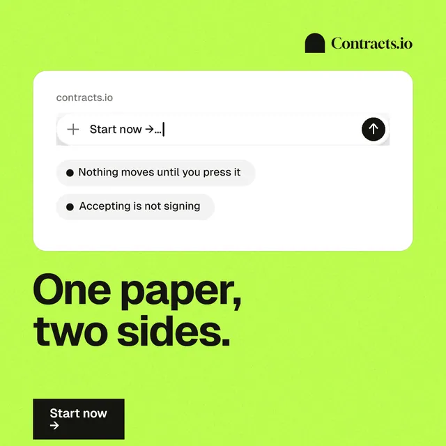 Instagram post for contracts.io: "One paper, two sides." Swiss style, bottom layout, light palette in green, white.
