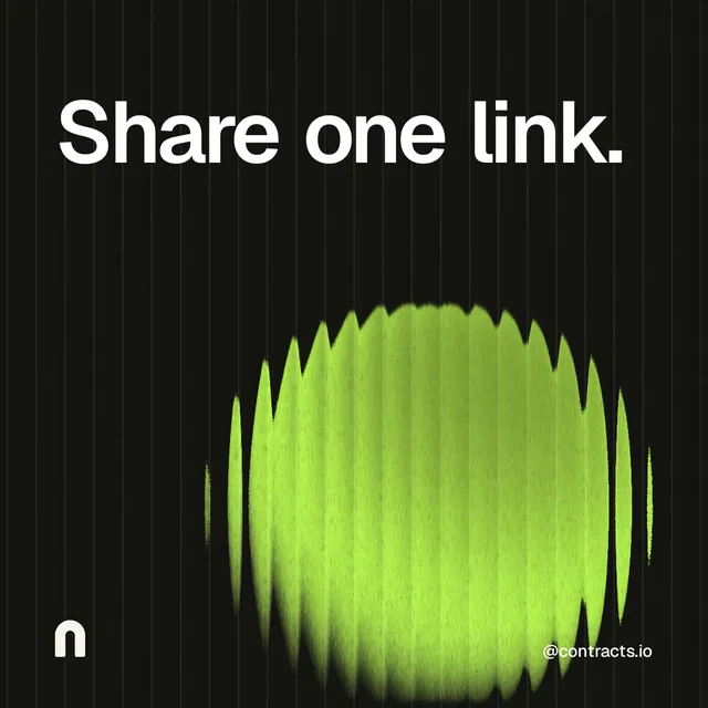 Instagram post for contracts.io: "Share one link." Auto 1x1 style, technique:shader field layout, dark palette in black, green.