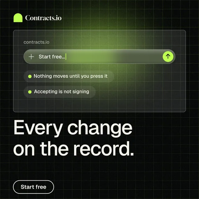 Instagram post for contracts.io: "Every change on the record." Phosphor atlas style, bottom layout, dark palette in black, grey.