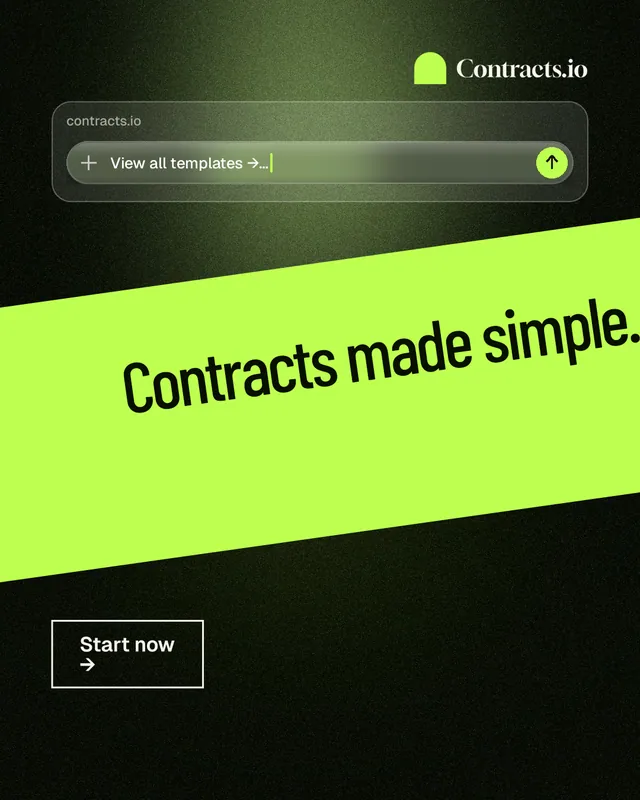 Instagram portrait post for contracts.io: "Contracts made simple." Dark deco style, diagonal layout, dark palette in black, green.