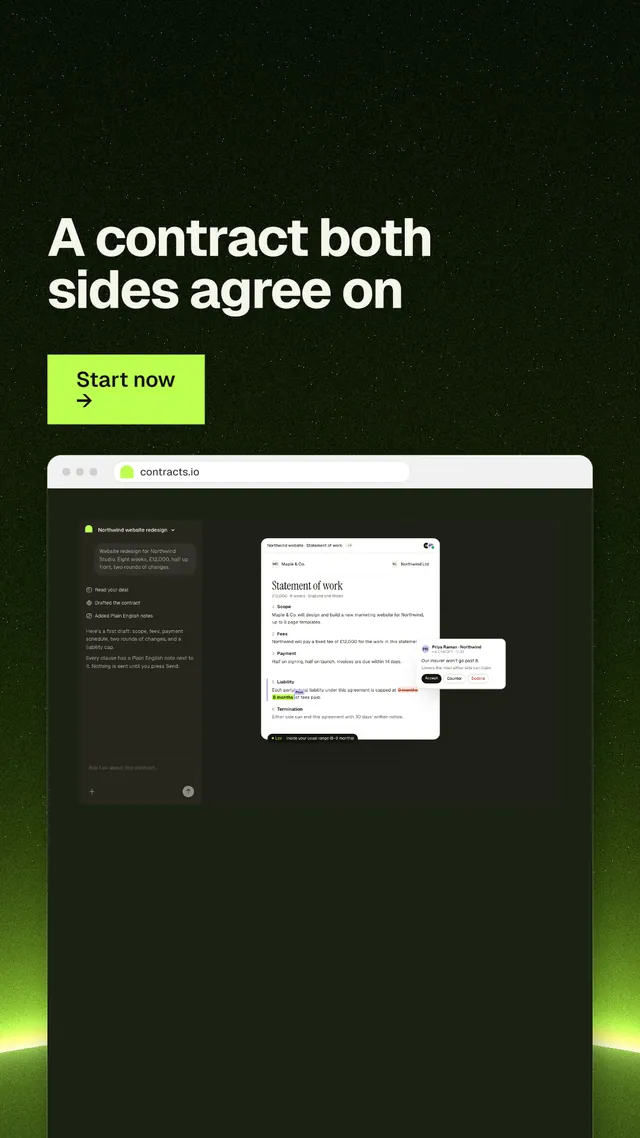Instagram story for contracts.io: "A contract both sides agree on". Swiss style, browser layout, dark palette in black, green.