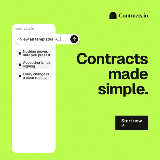 Instagram post for contracts.io: "Contracts made simple." Swiss style, right layout, light palette in green.