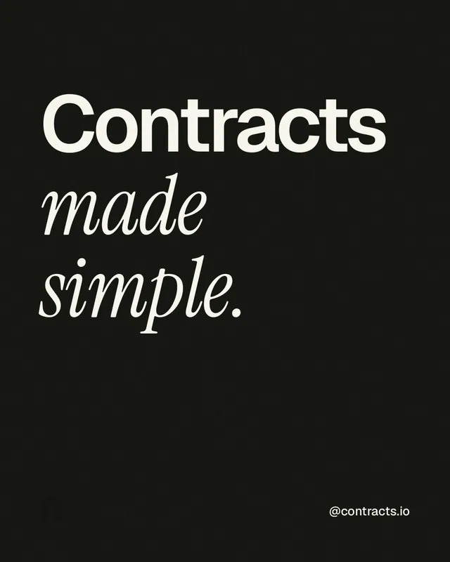 Instagram portrait post for contracts.io: "Contracts made simple." Editorial style, technique:mixed type lockup layout, dark palette in black, grey.