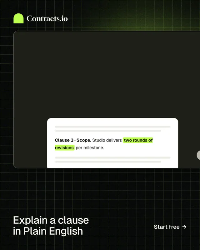 Instagram portrait post for contracts.io: "Explain a clause in Plain English". Phosphor atlas style, image led layout, dark palette in black, grey.