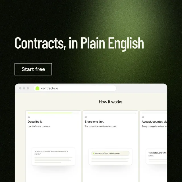Instagram post for contracts.io: "Contracts, in Plain English". Dark deco style, browser layout, light palette in black, white, green.