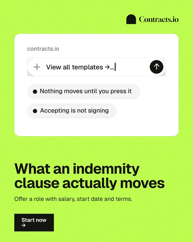 Instagram portrait post for contracts.io: "What an indemnity clause actually moves". Swiss style, bottom layout, light palette in green, white.