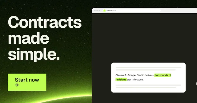 Social ad for contracts.io: "Contracts made simple." Swiss style, browser layout, dark palette in black, green.