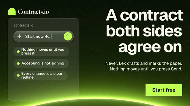 Landscape graphic for contracts.io: "A contract both sides agree on". Swiss style, right layout, dark palette in black, green.