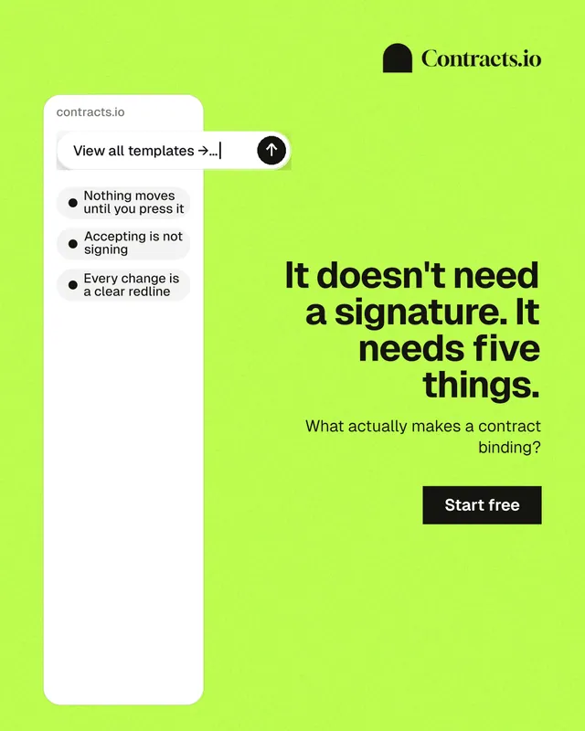 Instagram portrait post for contracts.io: "It doesn't need a signature. It needs five things." Swiss style, right layout, light palette in green, white.