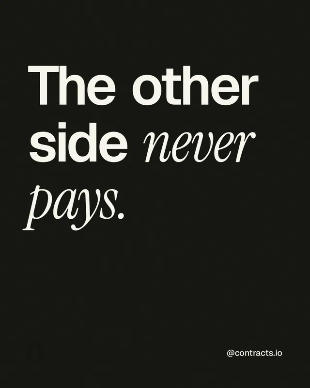 Instagram portrait post for contracts.io: "The other side never pays." Editorial style, technique:mixed type lockup layout, dark palette in black, grey.