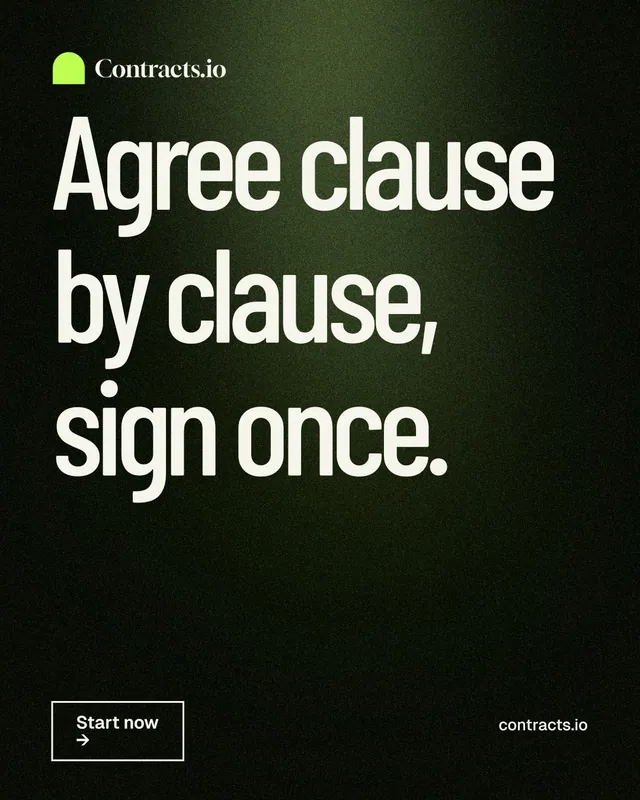 Instagram portrait post for contracts.io: "Agree clause by clause, sign once." Dark deco style, poster layout, dark palette in black, grey.
