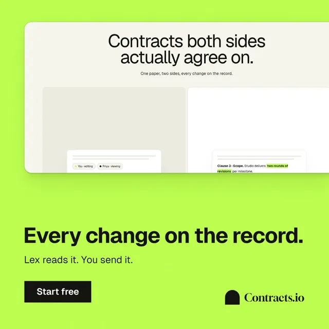 Instagram post for contracts.io: "Every change on the record." Swiss style, bottom layout, light palette in green.