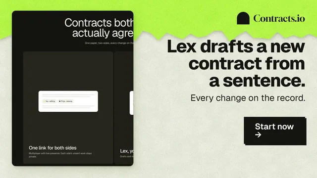 Landscape graphic for contracts.io: "Lex drafts a new contract from a sentence." Paper trio style, right layout, light palette in green, black, grey.