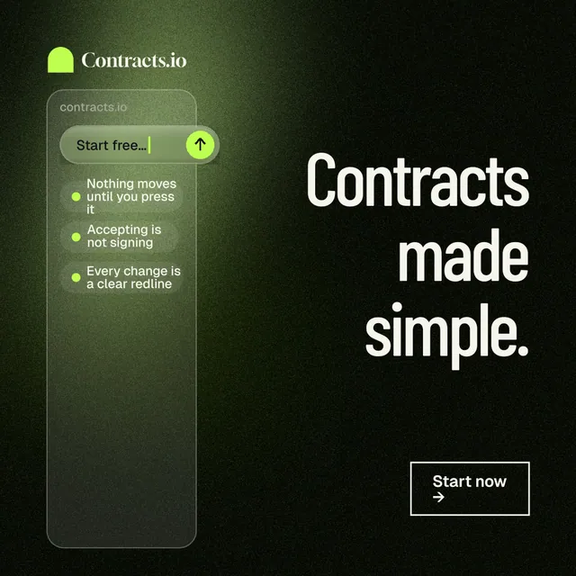 Instagram post for contracts.io: "Contracts made simple." Dark deco style, right layout, dark palette in black, green, grey.