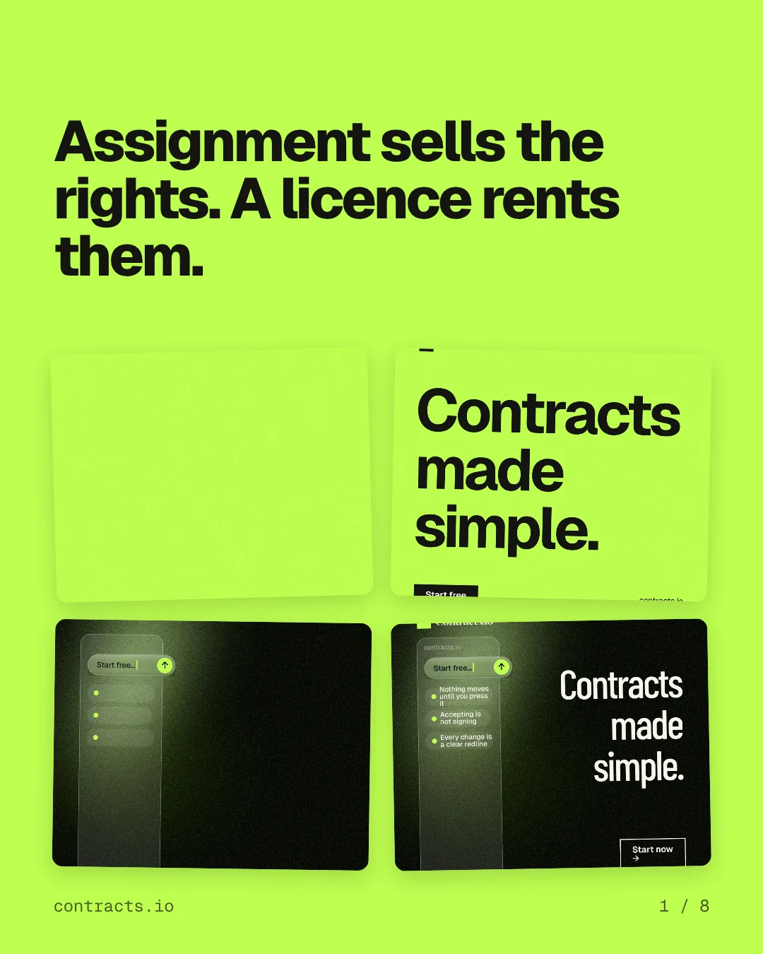 Carousel for contracts.io: "Assignment sells the rights. A licence rents them.". Collection carousel, 8 slides, light palette.
