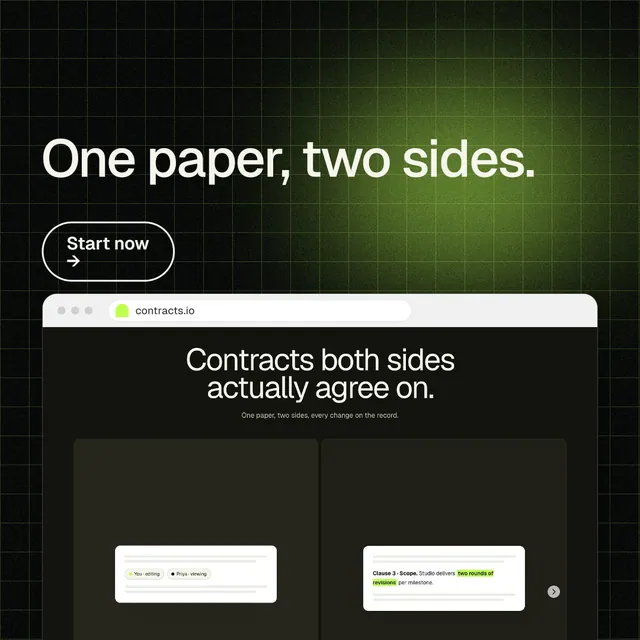 Instagram post for contracts.io: "One paper, two sides." Phosphor atlas style, browser layout, dark palette in green, black, grey.