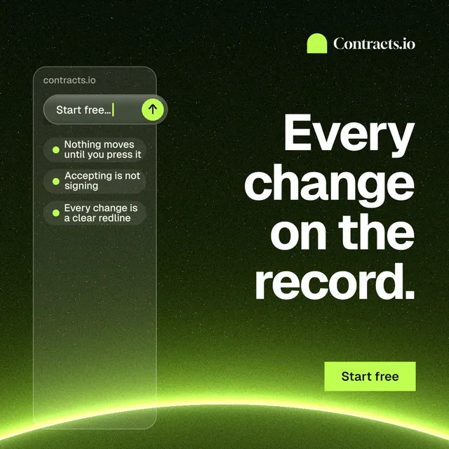 Instagram post for contracts.io: "Every change on the record." Swiss style, right layout, dark palette in green, black.