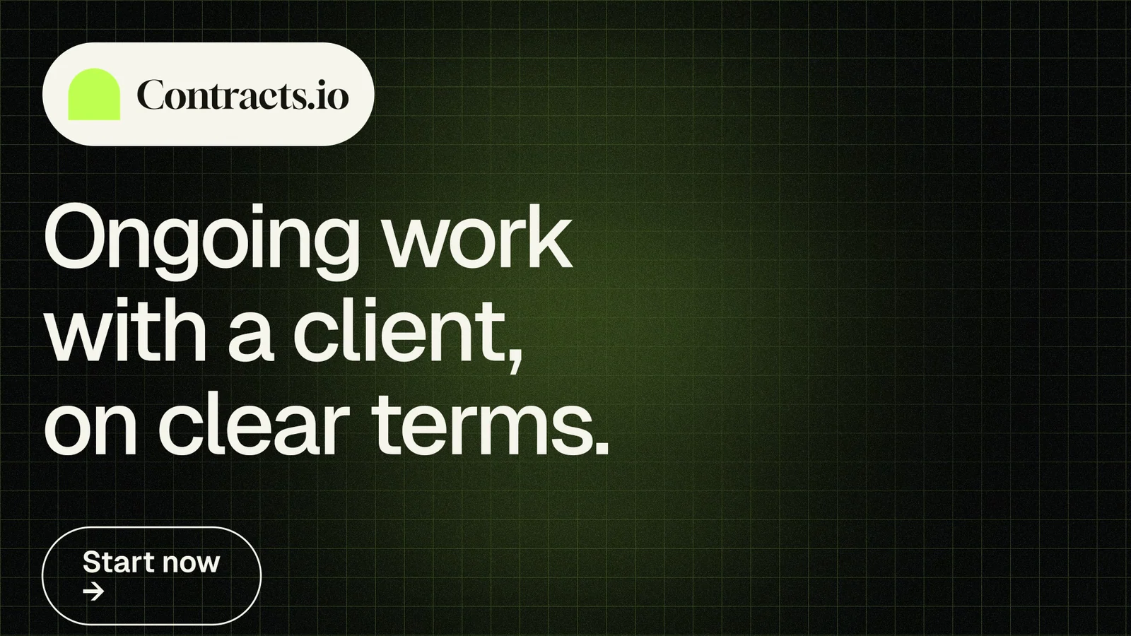 Landscape graphic for contracts.io: "Ongoing work with a client, on clear terms." Phosphor atlas style, announce layout, dark palette in black, grey.