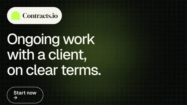 Landscape graphic for contracts.io: "Ongoing work with a client, on clear terms." Phosphor atlas style, announce layout, dark palette in black, grey.