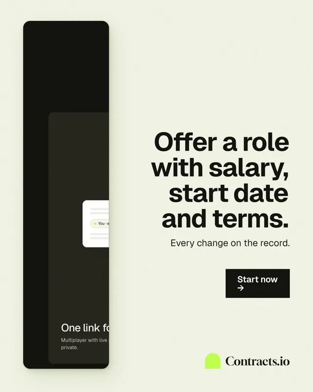 Instagram portrait post for contracts.io: "Offer a role with salary, start date and terms." Swiss style, right layout, light palette in white, black, green.