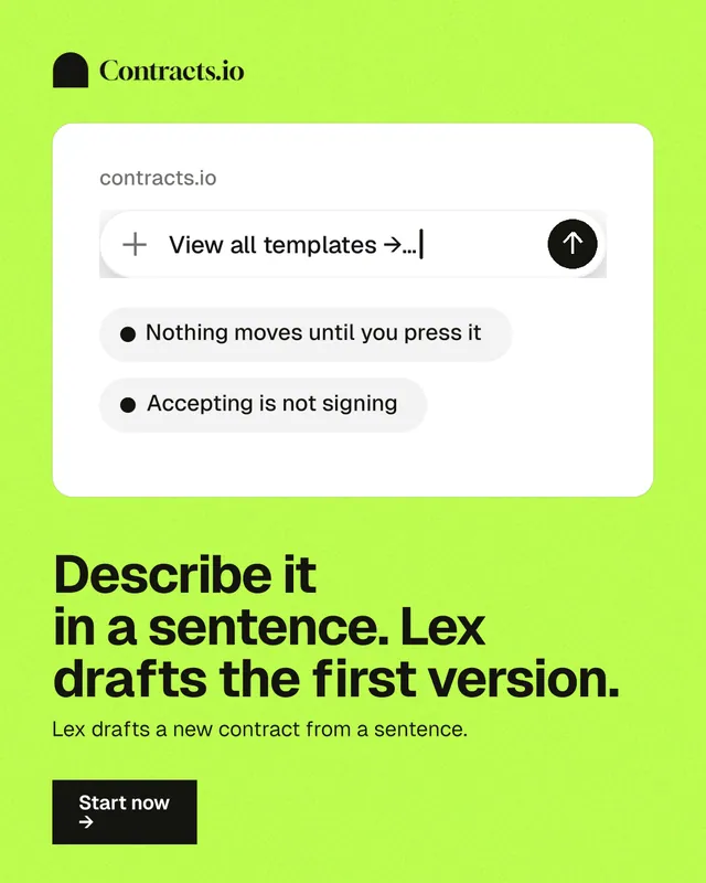 Instagram portrait post for contracts.io: "Describe it in a sentence. Lex drafts the first version." Swiss style, bottom layout, light palette in green, white.