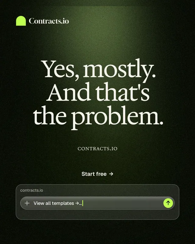 Instagram portrait post for contracts.io: "Yes, mostly. And that's the problem." Dark deco style, smallcaps layout, dark palette in green, black, grey.