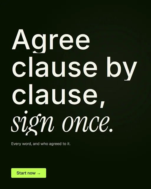 Video for contracts.io: "Agree clause by clause, sign once.". Doc motion loop, 7.0 s, dark palette.