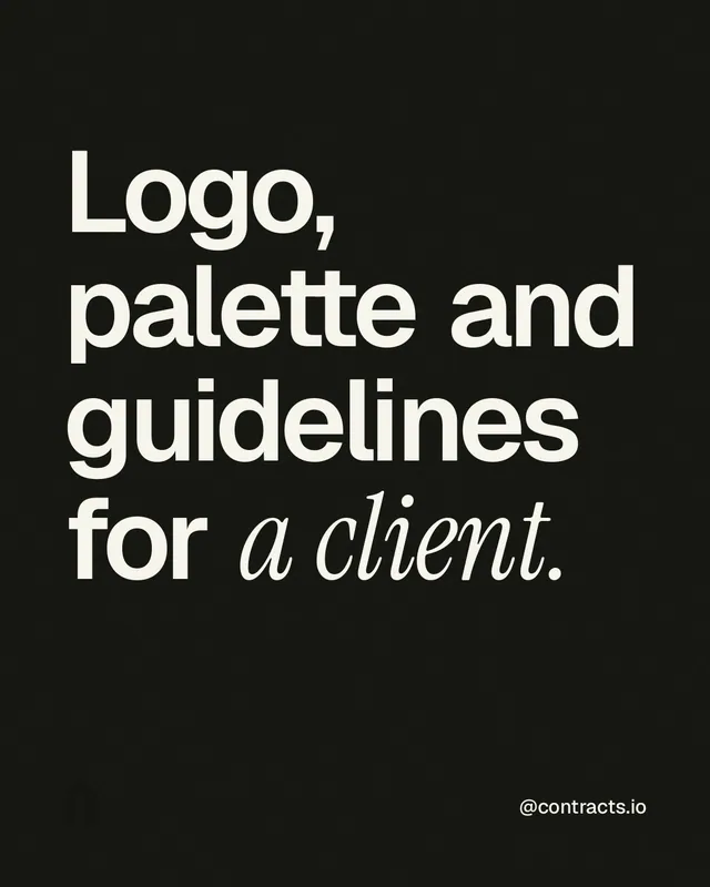 Instagram portrait post for contracts.io: "Logo, palette and guidelines for a client." Editorial style, technique:mixed type lockup layout, dark palette in black, grey.