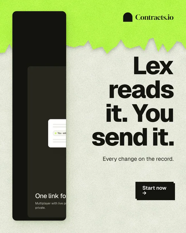 Instagram portrait post for contracts.io: "Lex reads it. You send it." Paper trio style, right layout, light palette in green, black, grey.