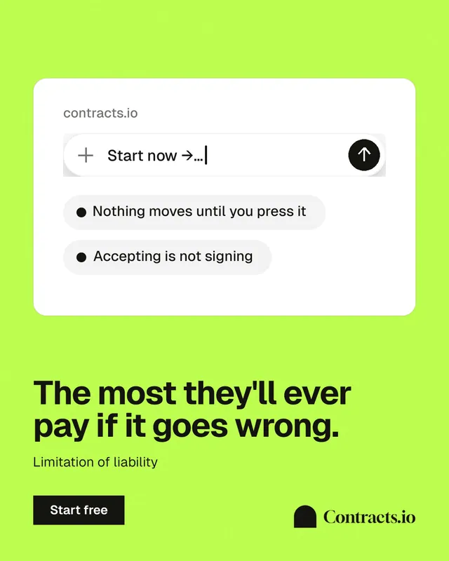 Instagram portrait post for contracts.io: "The most they'll ever pay if it goes wrong." Swiss style, bottom layout, light palette in green, white.