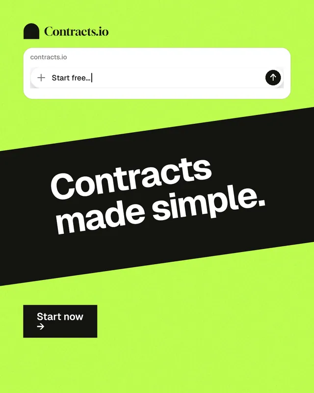 Instagram portrait post for contracts.io: "Contracts made simple." Swiss style, diagonal layout, light palette in green.