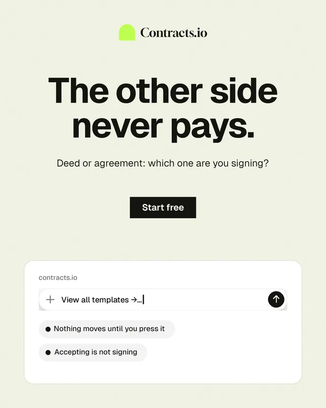 Instagram portrait post for contracts.io: "The other side never pays." Swiss style, centred layout, light palette in white, grey.