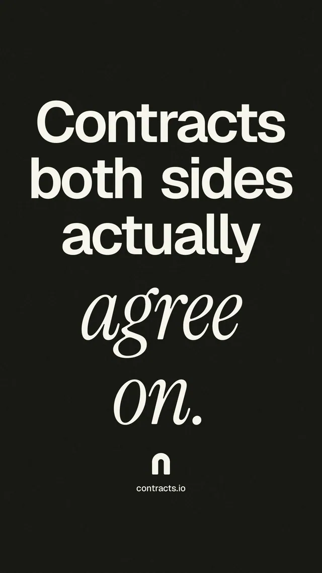 Instagram story for contracts.io: "Contracts both sides actually agree on." Poster style, technique:mixed type lockup layout, dark palette in black, grey.