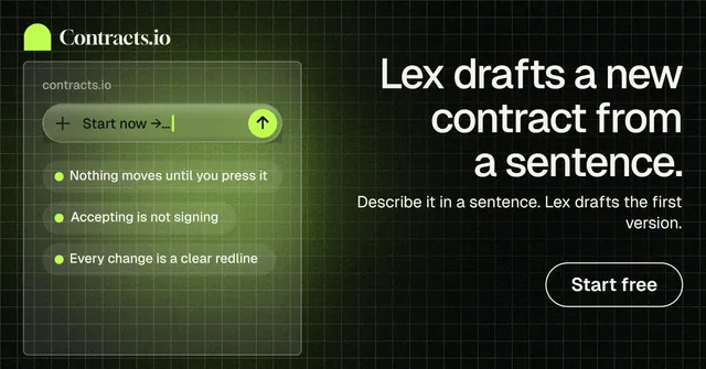 Social ad for contracts.io: "Lex drafts a new contract from a sentence." Phosphor atlas style, right layout, dark palette in green, black.