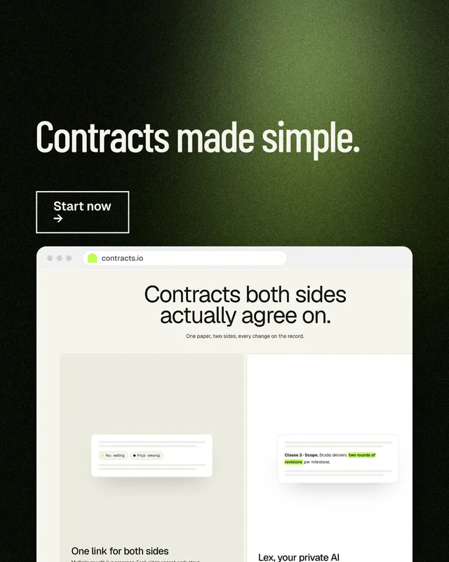 Instagram portrait post for contracts.io: "Contracts made simple." Dark deco style, browser layout, light palette in black, white, green.