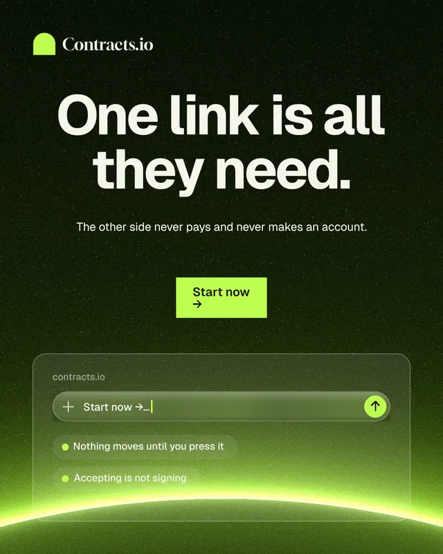Instagram portrait post for contracts.io: "One link is all they need." Swiss style, centred layout, dark palette in green, black.