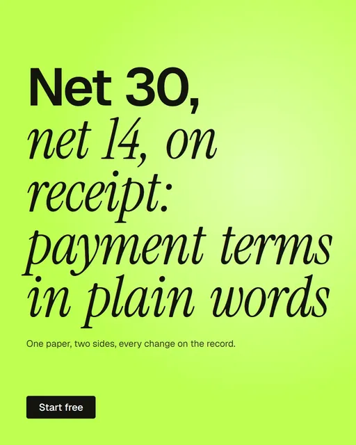 Video for contracts.io: "Net 30, net 14, on receipt: payment terms in plain words". Doc motion loop, 6.0 s, light palette.