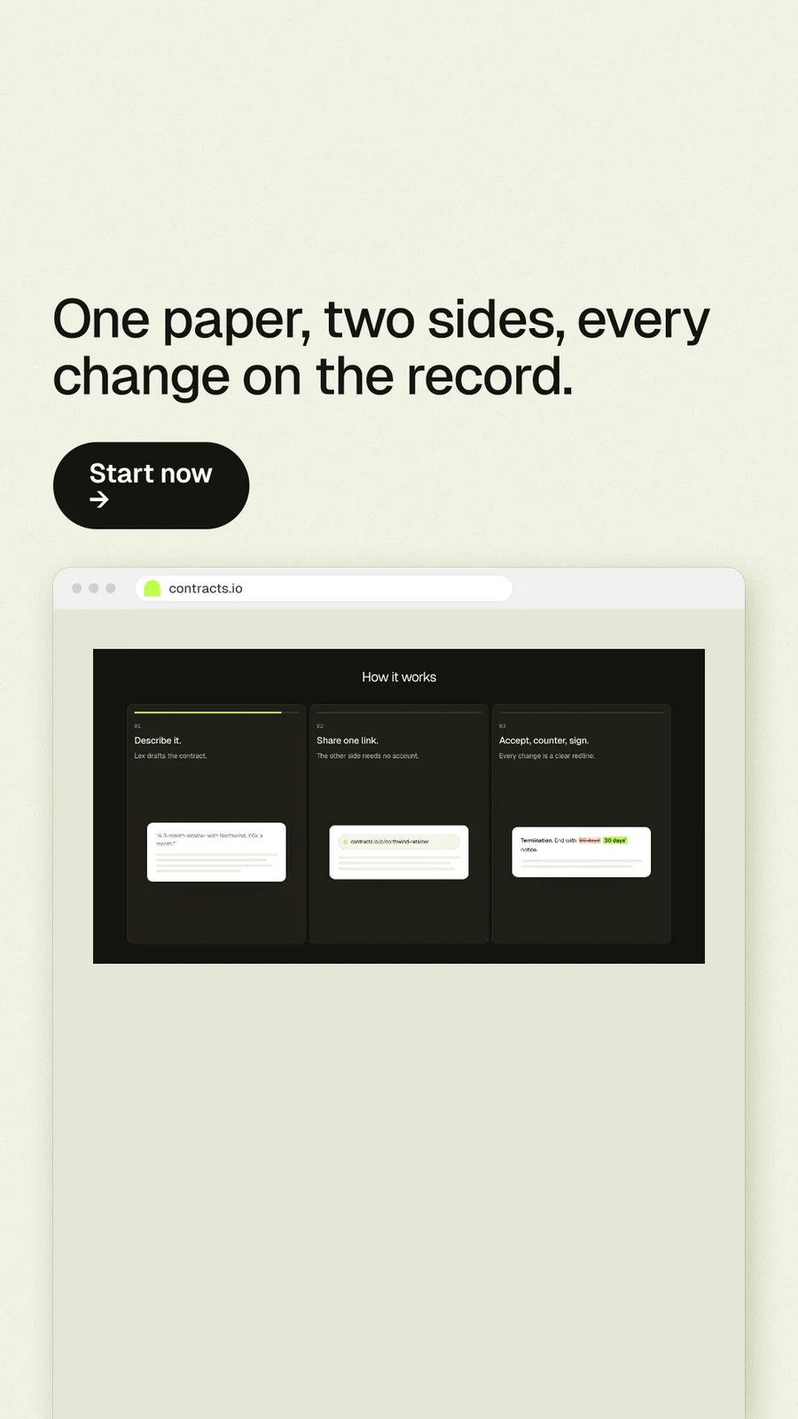 Instagram story for contracts.io: "One paper, two sides, every change on the record." Data card style, browser layout, light palette in green, white, grey.